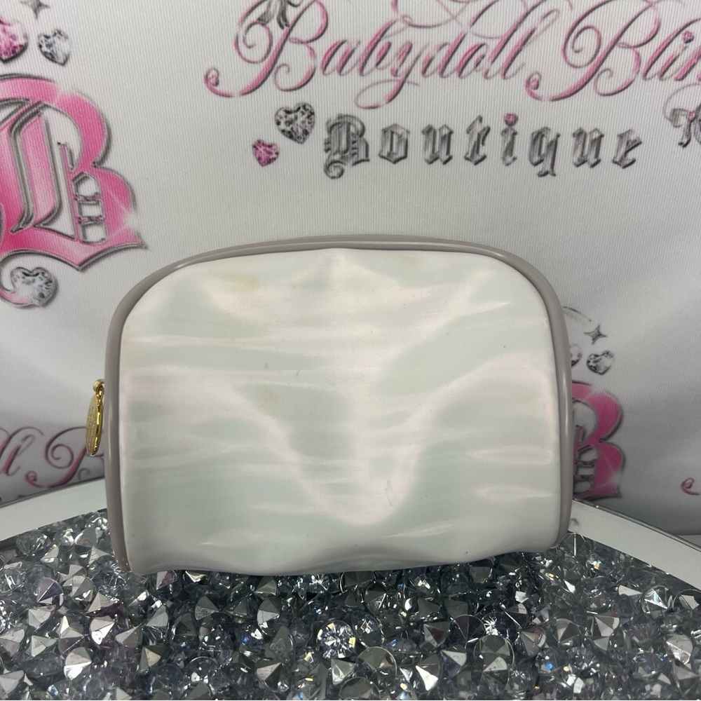 Christian dior makeup bag small white stripe shimmer pattern grey gold hardware